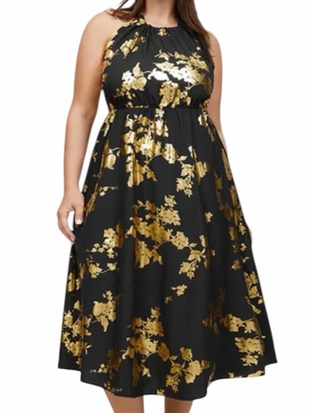 BloomChic Black/Metallic Gold Floral Halter Midi Dress 22/24